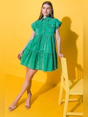 S🍀Flying Tomato Dull Moments Green Tiered Denim Shirt Dress
